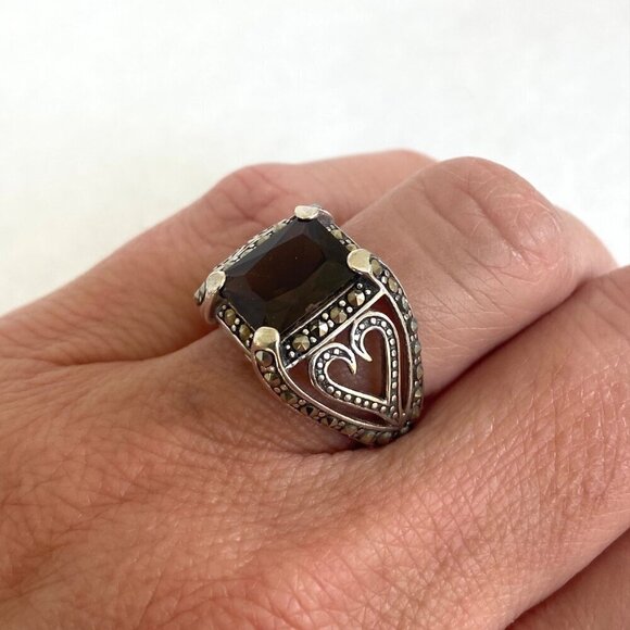 Sterling Silver 925A Rectangular Smoky Quartz & Marcasite Heart Ring Sz 5.75 - Picture 3 of 16